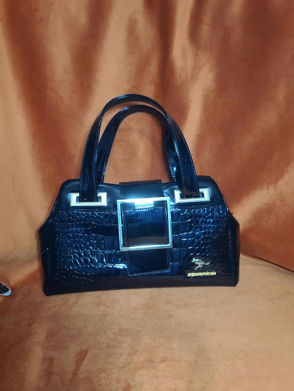 Patent Croc-Embossed Black Satchel Handbag